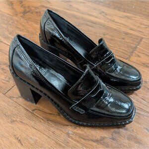 Vince Camuto Y2K Patent Leather Chunky Loafers Heeled sz 8 Black Grunge Gothic